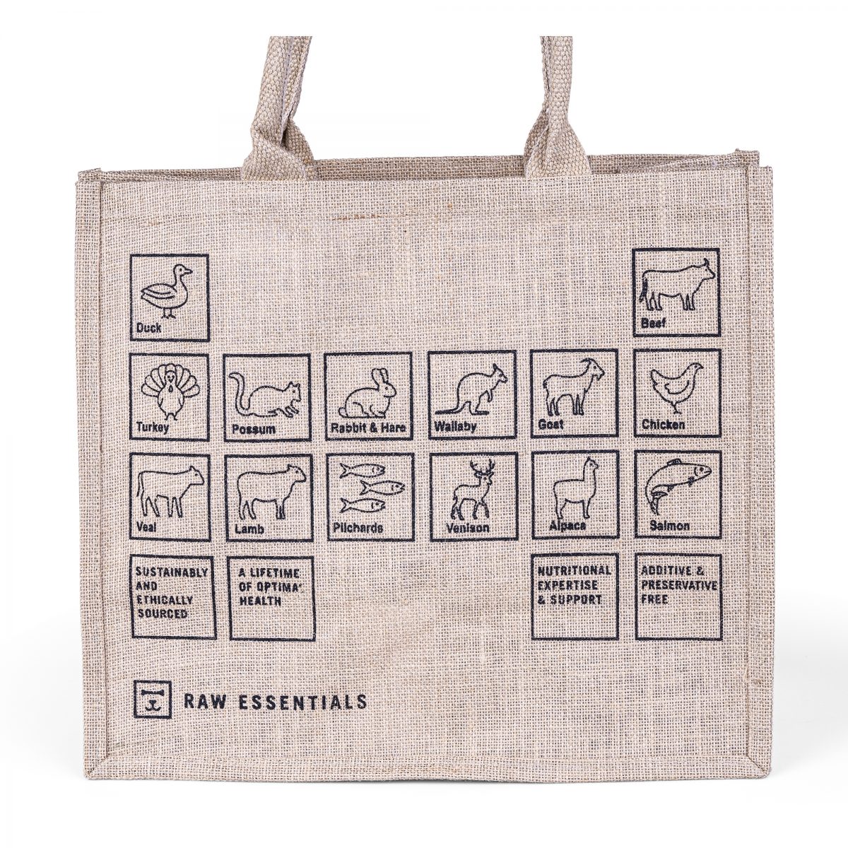 Jute Bag With Table Of Different Meats Featured In Raw Essentials Products